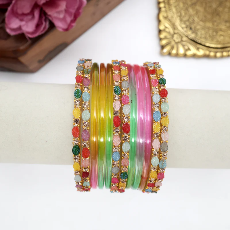 Leaf Cut Plain Bangles One Dozen Combo - Multicolour